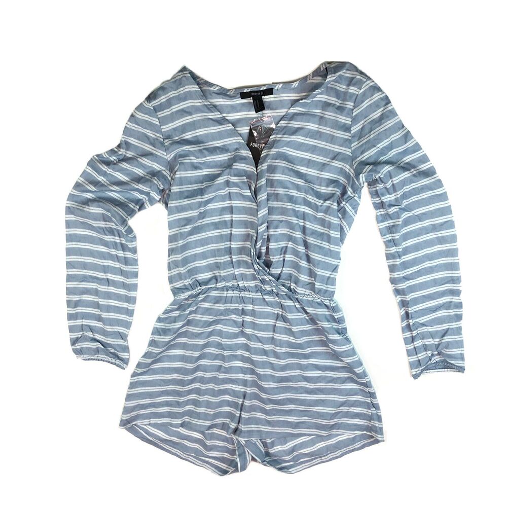 FOREVER 21 JUMPSUIT ROMPER LONG SLEEVE SHORTS Blue White Striped Medium NWT VVV9
